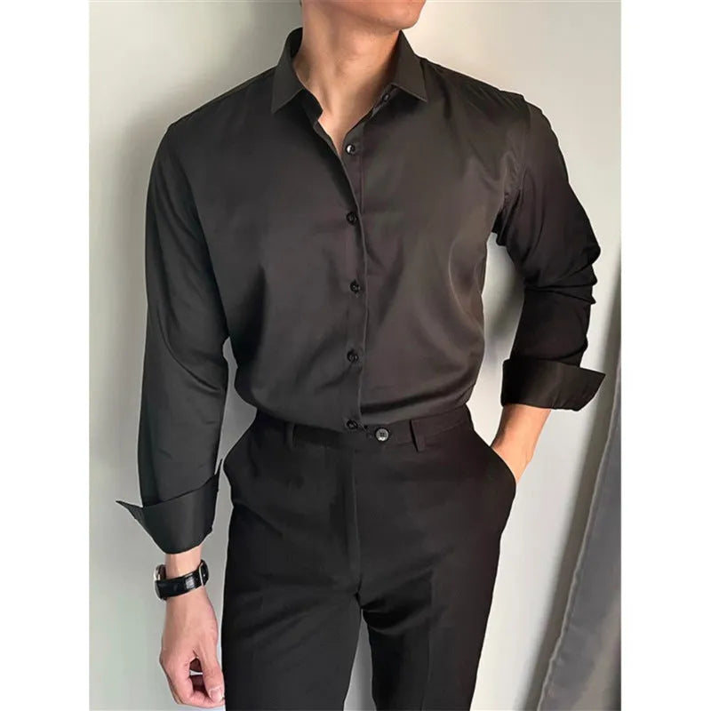 Men's Korean-style slim fit casual shirt in chemical fibre blend fabric available in white black and dark grey