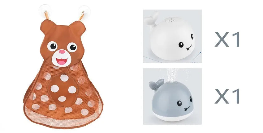 Grey or white electric whale bath toy spraying water with LED lights on a base.