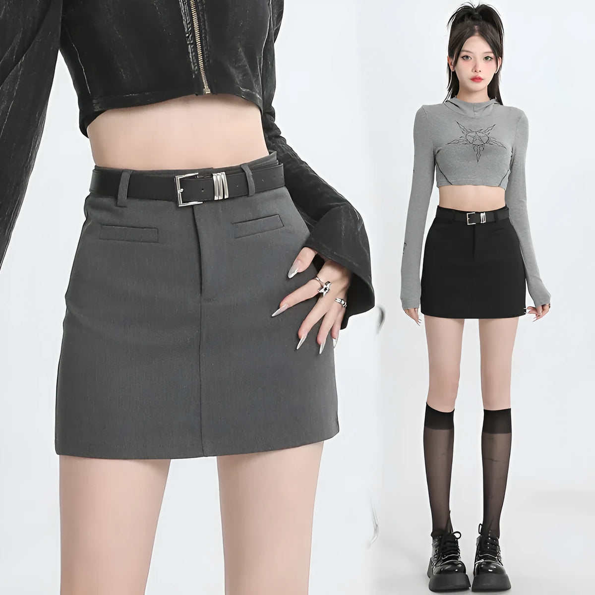 High waist A-line short skirt with front zipper in grey or black, polyester micro-elastic fabric, sizes XS to 3XL.