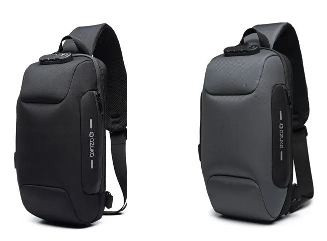 Anti-theft USB chest bag in Oxford cloth with zip closure, square vertical section, and polyester lining, shown in dark blue.