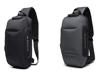 Anti-theft USB chest bag in Oxford cloth with zip closure, square vertical section, and polyester lining, shown in dark blue.