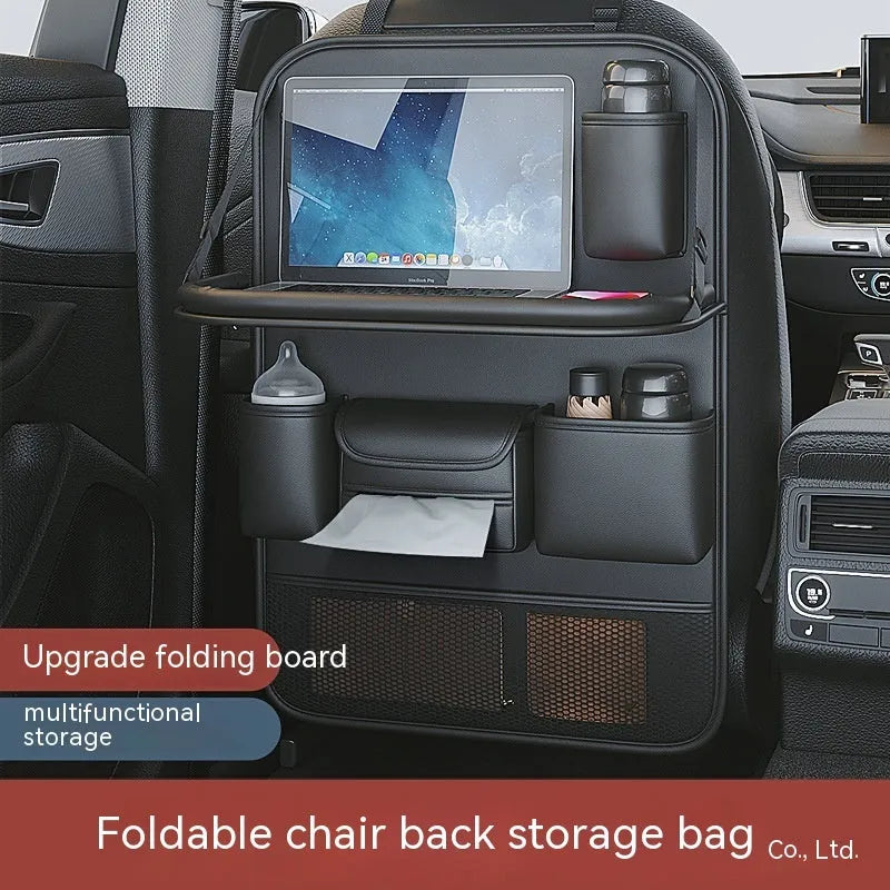 Leather car seat hanging storage bag with a fold-out dining table in black colour