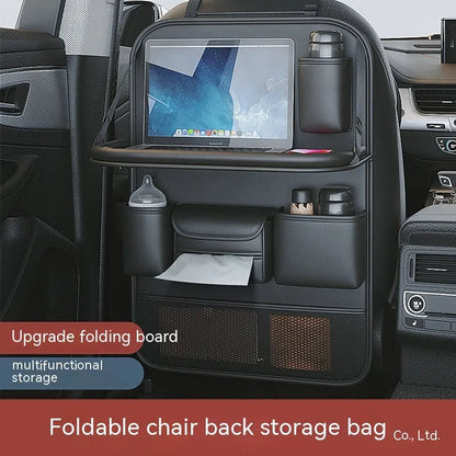 Leather car seat hanging storage bag with a fold-out dining table in black colour