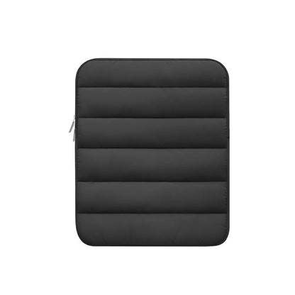 Fluffy air feeling puff bag laptop sleeve in black, shown with elastic sides stretching.