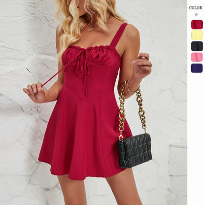 Elegant sleeveless A-line dress with lace-up detailing, available in various colours and sizes