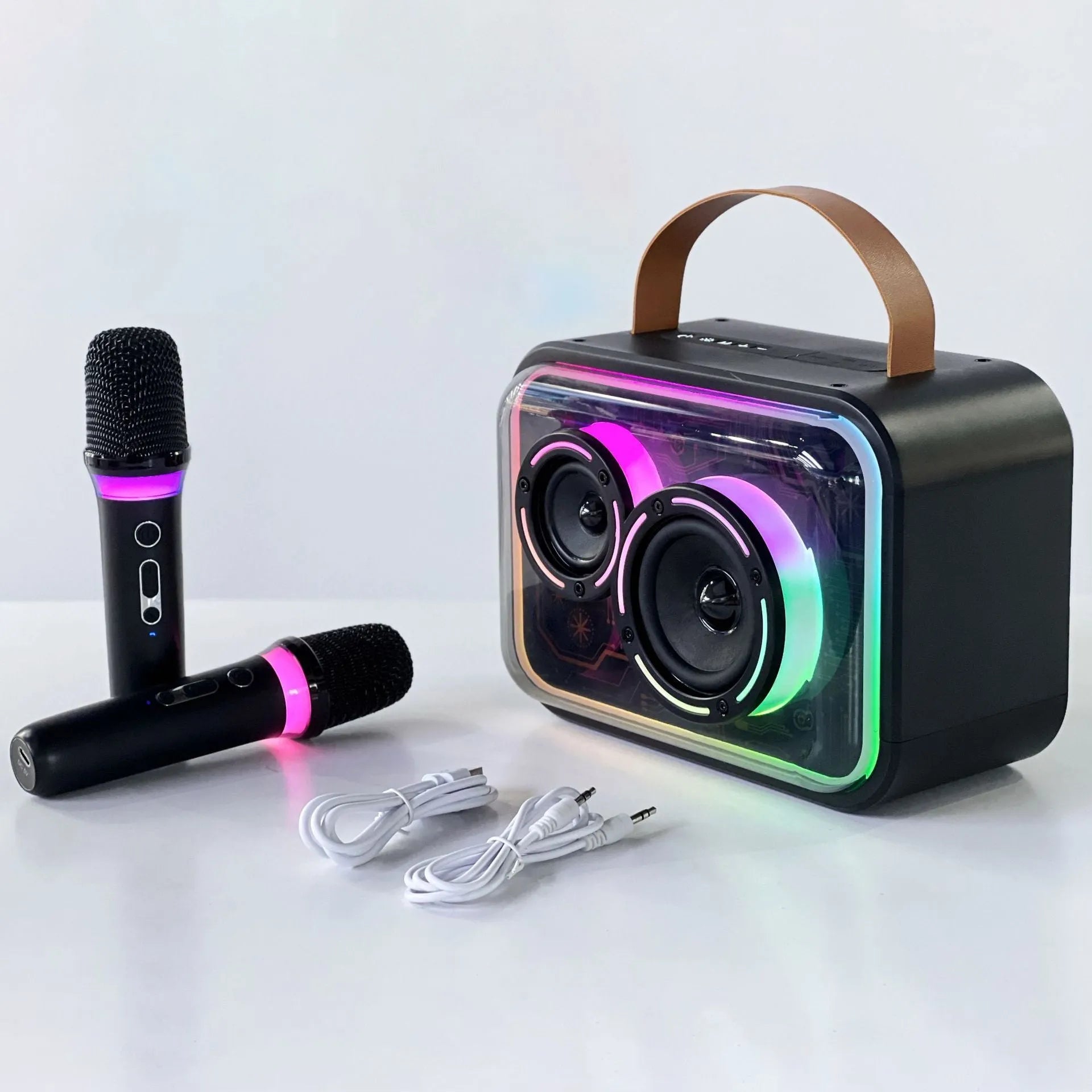 Light yellow portable Bluetooth karaoke speaker with wireless microphone and colourful RGB lights.