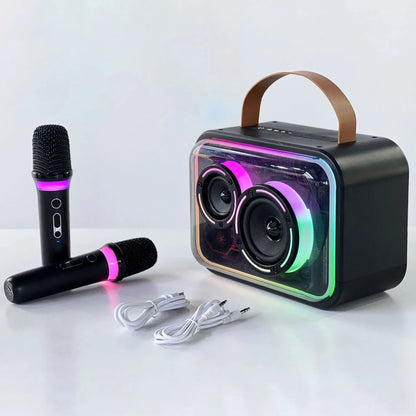 Light yellow portable Bluetooth karaoke speaker with wireless microphone and colourful RGB lights.