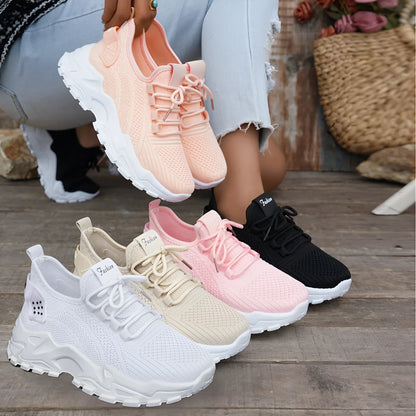 Women's Flyknit mesh casual sports shoes with flat heel and round toe in multiple colours
