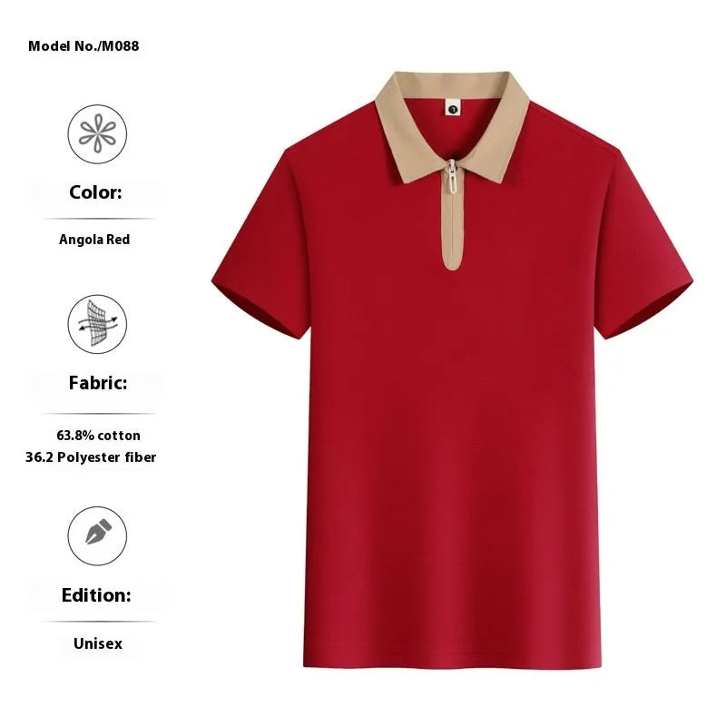Zipper and lapel polo shirt in solid colour with short sleeves and loose fit