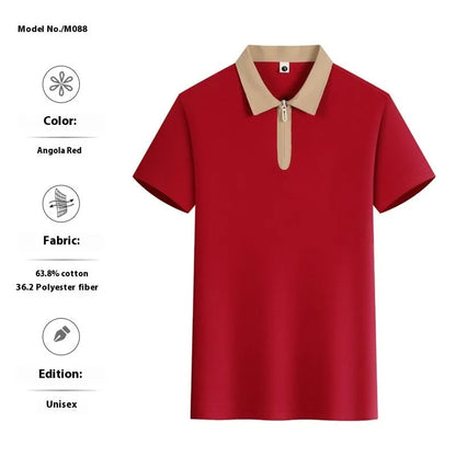Zipper and lapel polo shirt in solid colour with short sleeves and loose fit