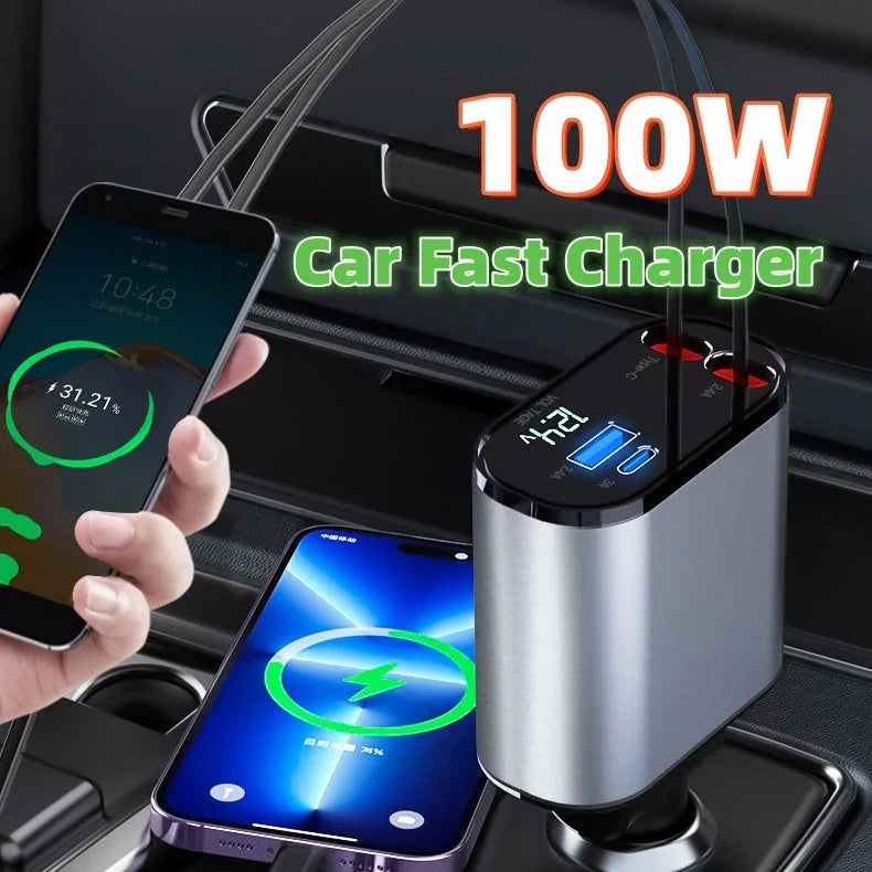 High-Speed 100W Car Charger with USB and Type-C Ports - Premium Metal Design, Fast Charging, Retractable Cable