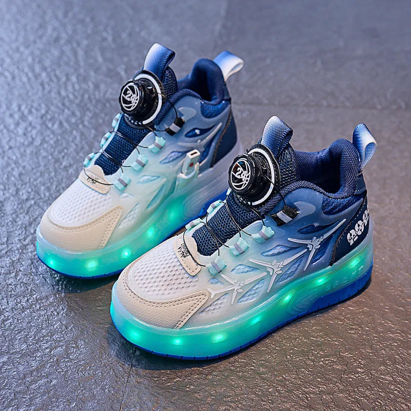 Blue children's flash knob roller skating shoes with striped pattern and rotating adjustment knob.