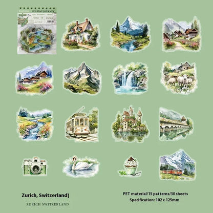 Sheet of retro-style printed stickers showing architectural landmarks including Paris Arc de Triomphe and Bangkok Grand Palace.