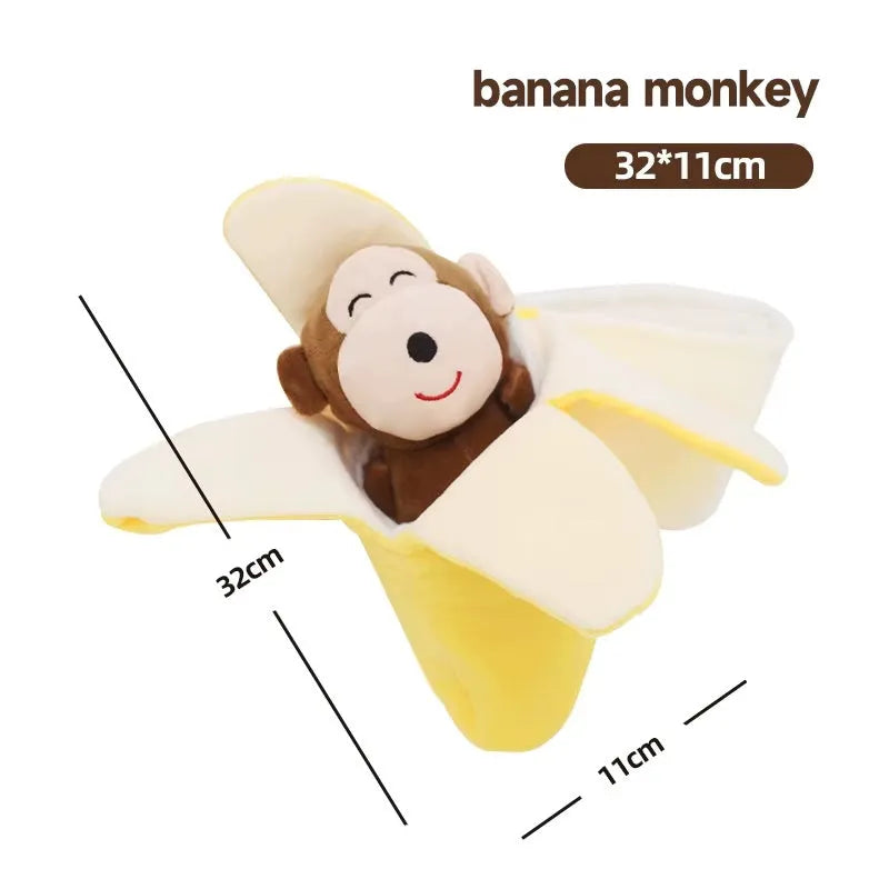 Interactive squeaky dog toy for puppies and small breeds in a choice of Banana Monkey, Carrot Rabbit, Durian, or Pea shape