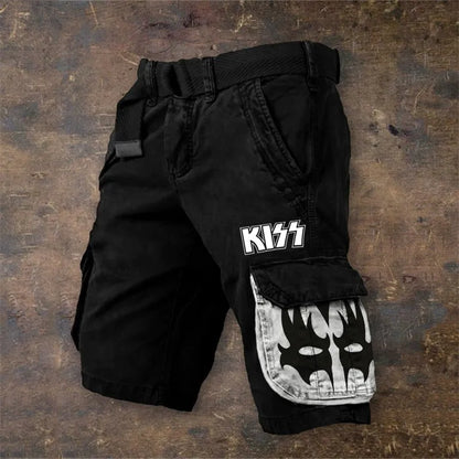 Man wearing grey 3D digitally printed polyester shorts with a zip fastening.
