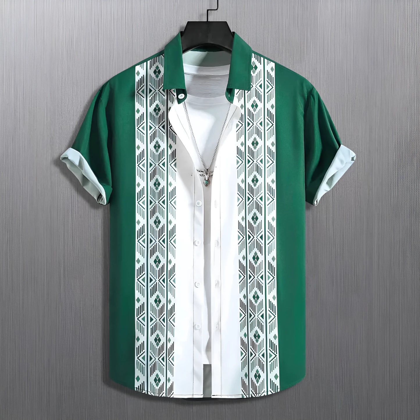 Men's plaid short-sleeve shirt with contrast lapel, shown in a loose cardigan style.