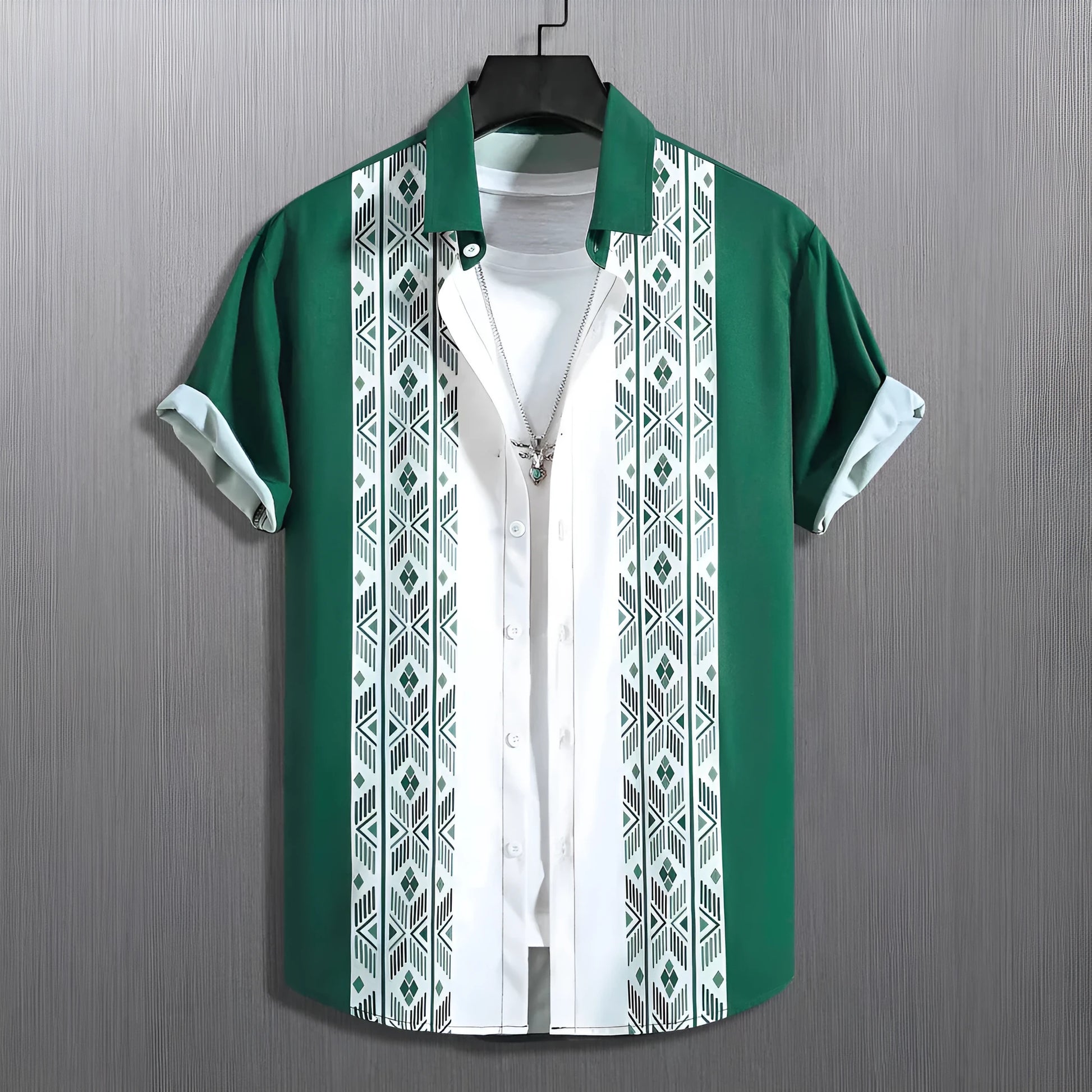 Men's plaid short-sleeve shirt with contrast lapel, shown in a loose cardigan style.