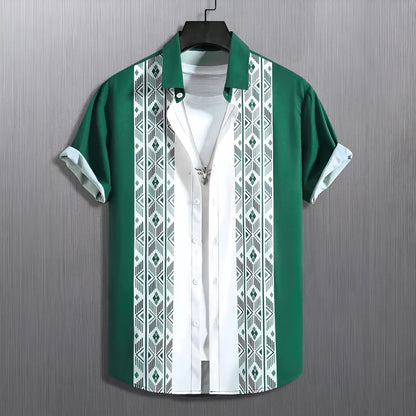 Men's plaid short-sleeve shirt with contrast lapel, shown in a loose cardigan style.