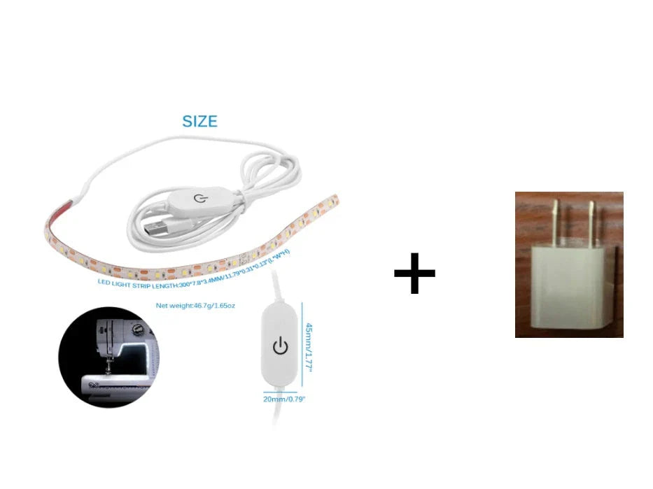 Customizable sewing machine LED light bar with touch-sensitive dimming controls for precise illumination