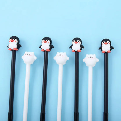 Korean cartoon penguin design silicone gel pen with 0.5mm black ink, in peacock blue and black colour options.