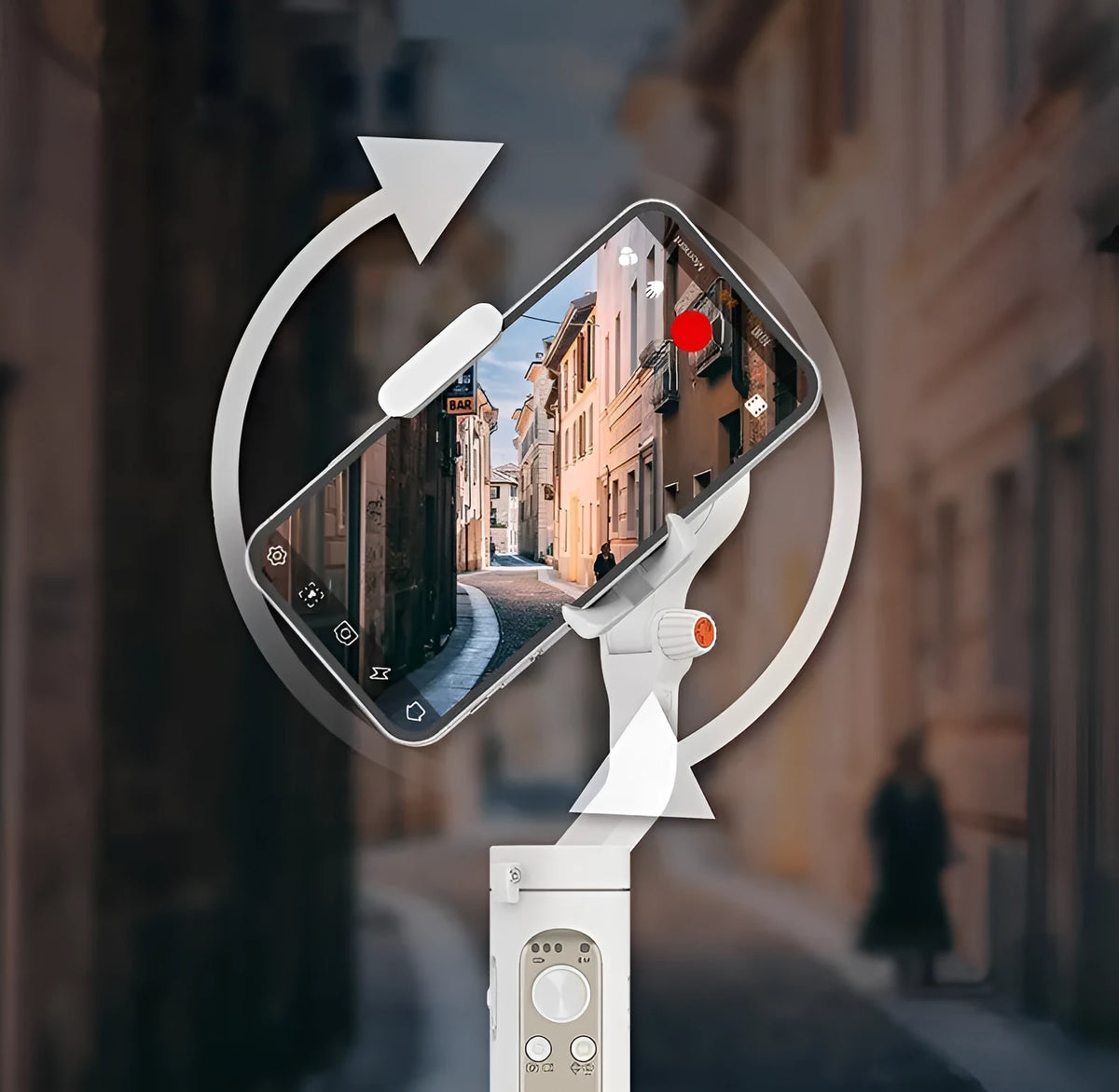 Three-axis mobile phone stabiliser with compact folded design showing black and white colour options