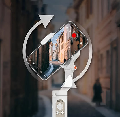Three-axis mobile phone stabiliser with compact folded design showing black and white colour options