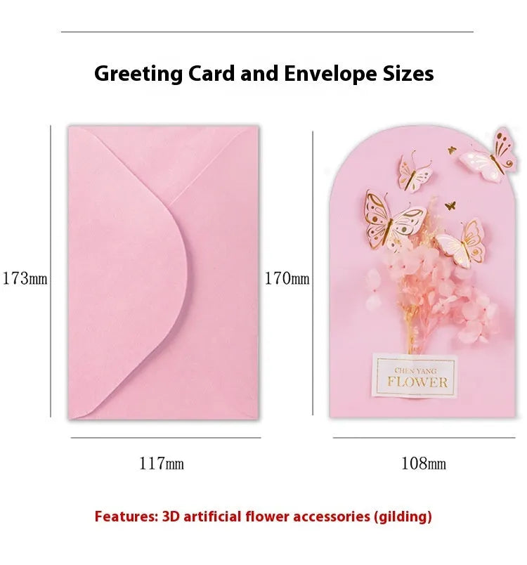 Handmade 3D butterfly greeting card with stand-up artificial flowers on coated paper, 16x10.5cm