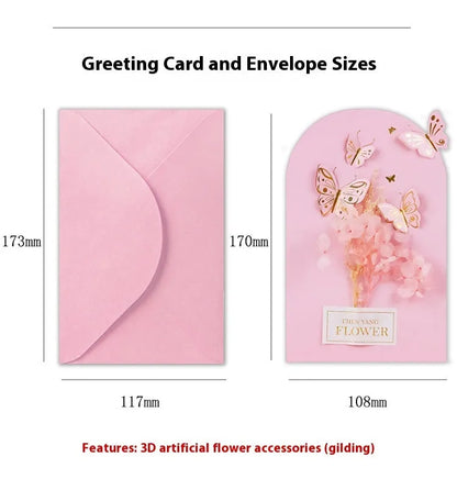 Handmade 3D butterfly greeting card with stand-up artificial flowers on coated paper, 16x10.5cm