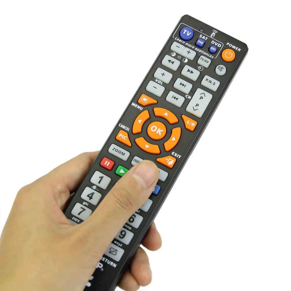 Black L336 full-key universal learning remote control on a white background.