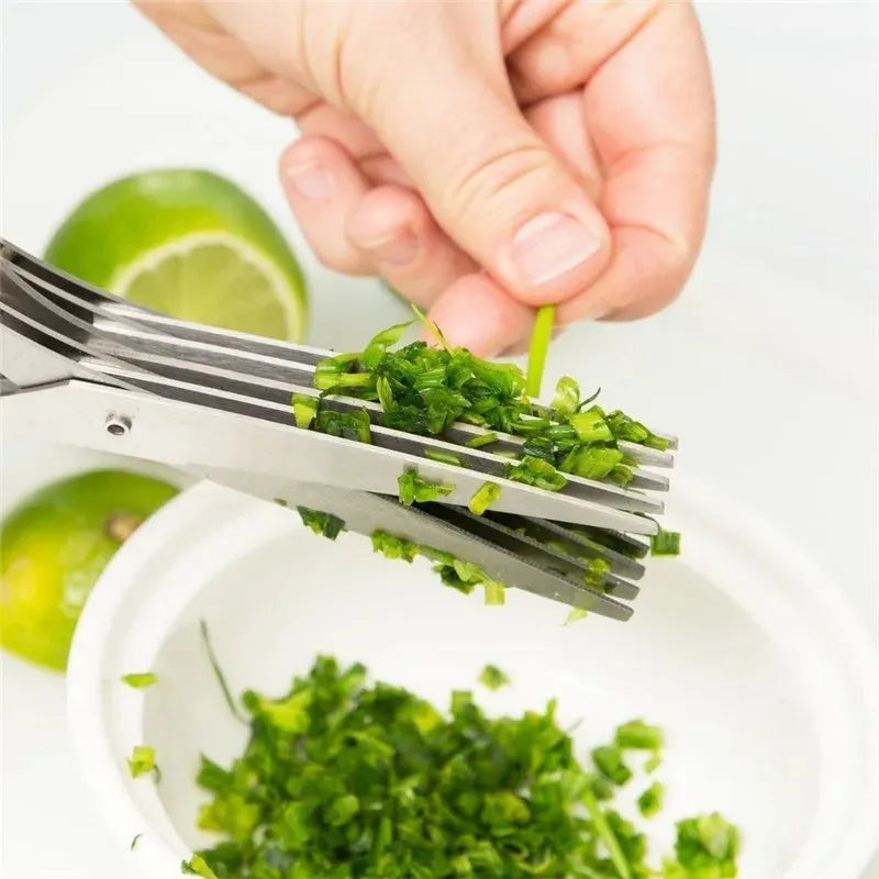 Kitchen scissors with three or five stainless steel blades designed for quickly shredding spring onions, herbs, and nori to save preparation time
