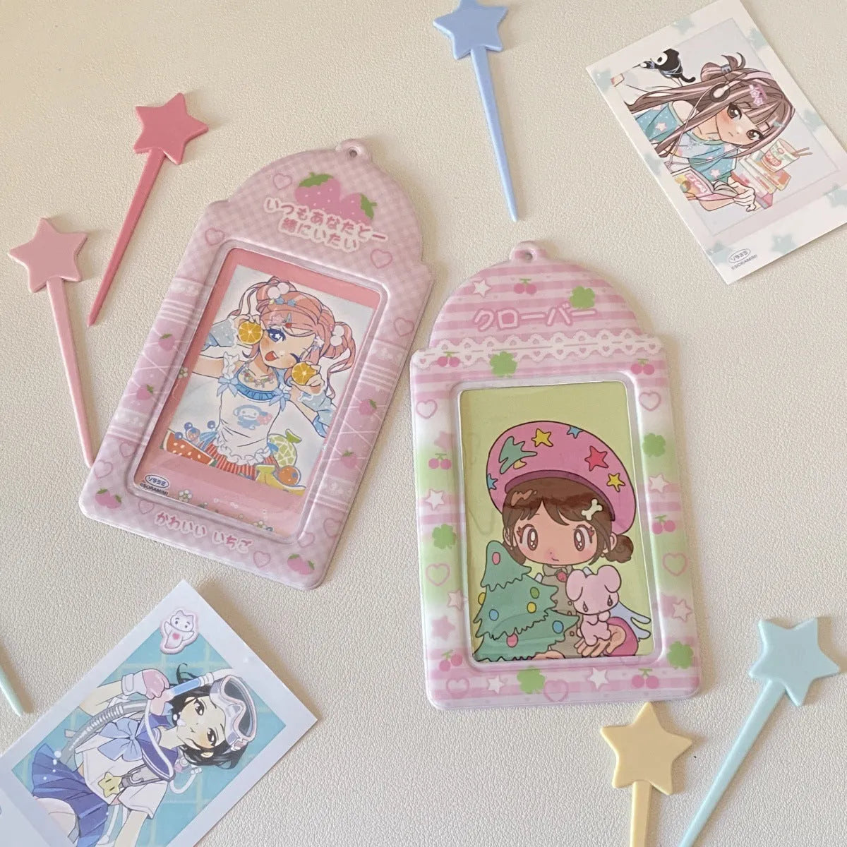 PVC cartoon meal card holder with clear sleeve, strawberry or four-leaf clover design, 7.6x13.6cm