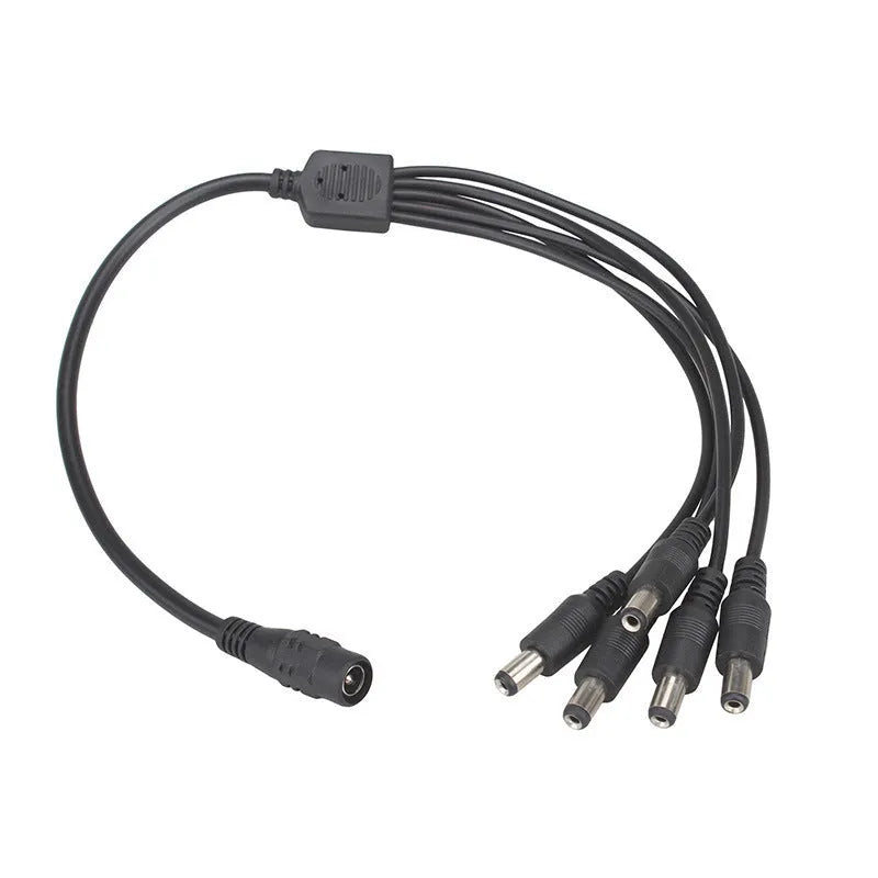 Black DC monitoring power splitter cable with four output connectors for security camera systems