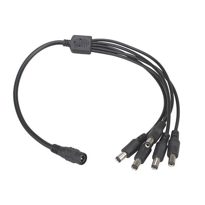 Black DC monitoring power splitter cable with four output connectors for security camera systems
