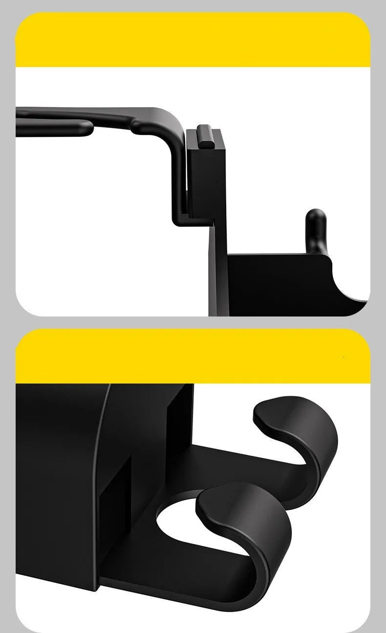 Black plastic car seat back organiser with cup holder and hook functionality
