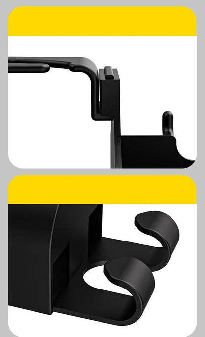 Black plastic car seat back organiser with cup holder and hook functionality