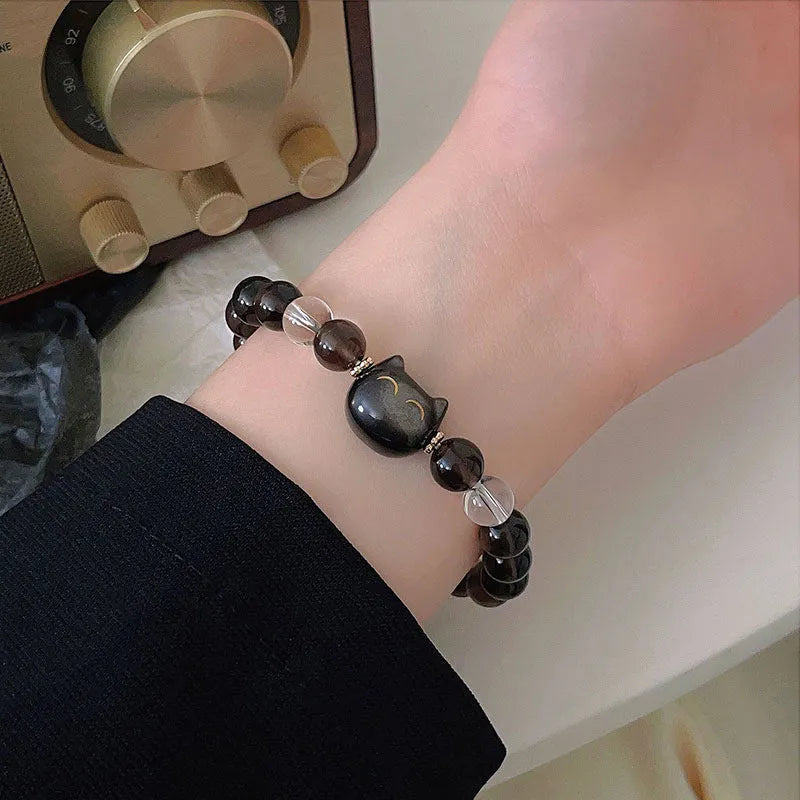 Women's silver cat head charm bracelet made from opal stone with an 8mm ice stone bead