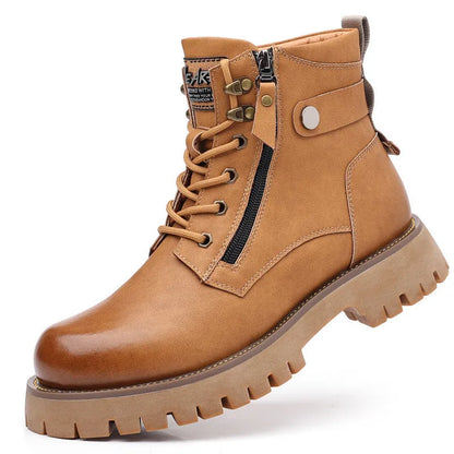 Men's brown high-top leather boots with side zipper, 3-5cm heel, and non-slip sole for winter wear
