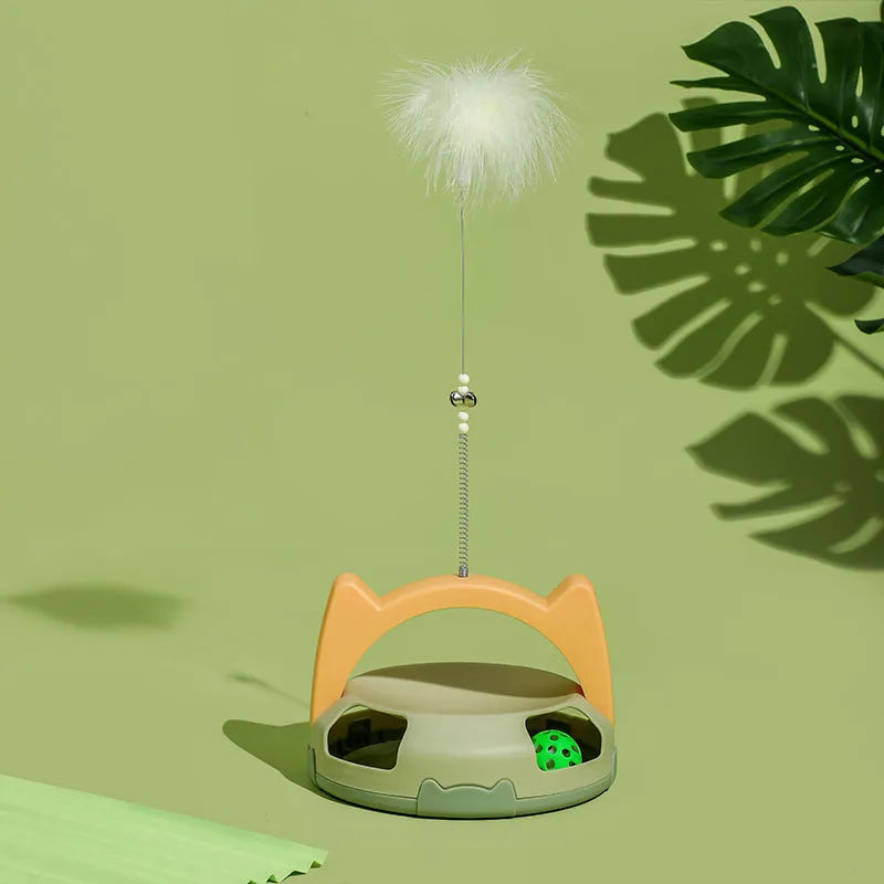 Bite-resistant cat play stick with spinning ball toy on a flexible wire, in blue colour.