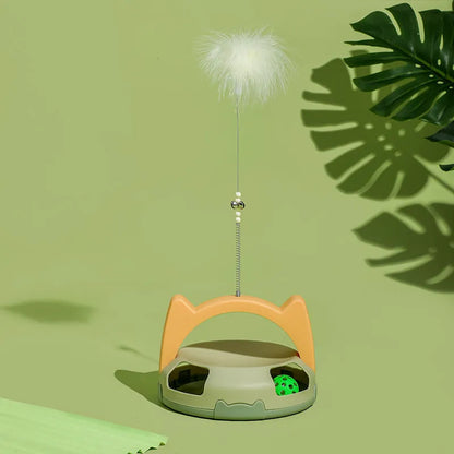 Bite-resistant cat play stick with spinning ball toy on a flexible wire, in blue colour.