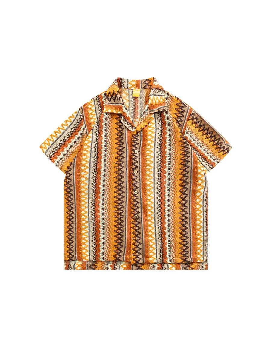 Ethnic woven shirt with contrasting colours and Cuban collar in loose fit with drop shoulders