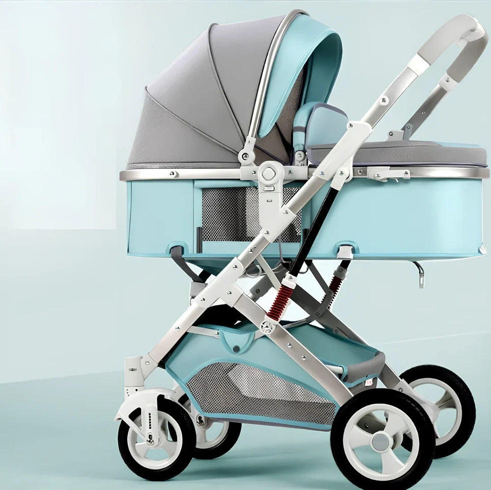 Portable folding baby stroller in dark blue with aluminum alloy frame and rubber wheels for 0-36 month newborns