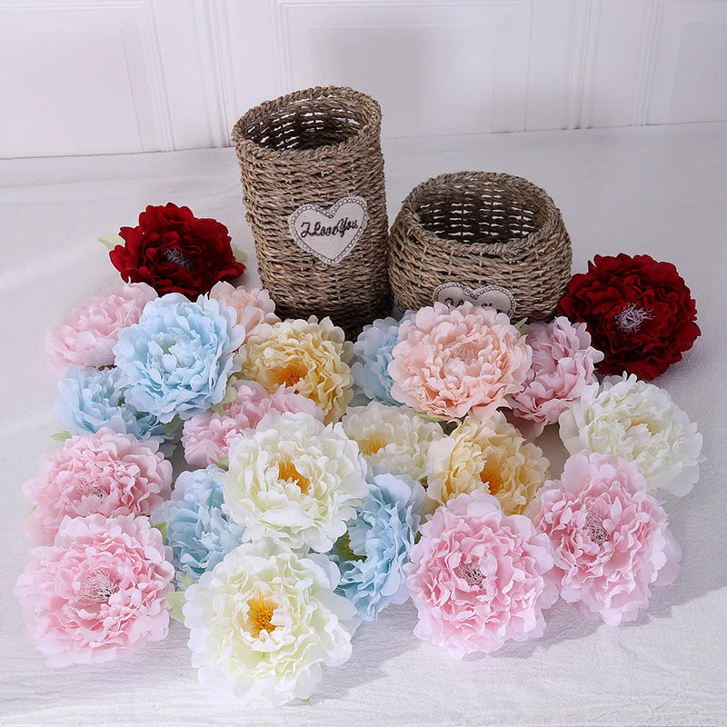 Simulation silk peony flower head for wedding flower wall decoration, photography props and home clothing displays, available in milky white, champagne, flesh pink, dark red, light blue and pink colour options
