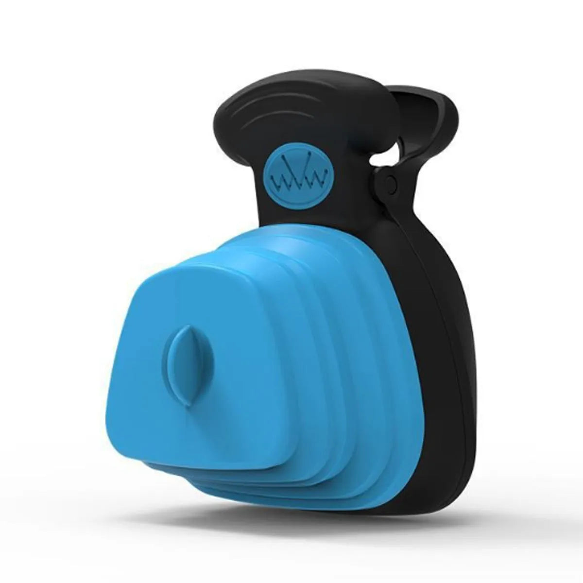 Blue portable dog pooper scooper with carabiner clip and waste bag dispenser, shown next to a waste bag.