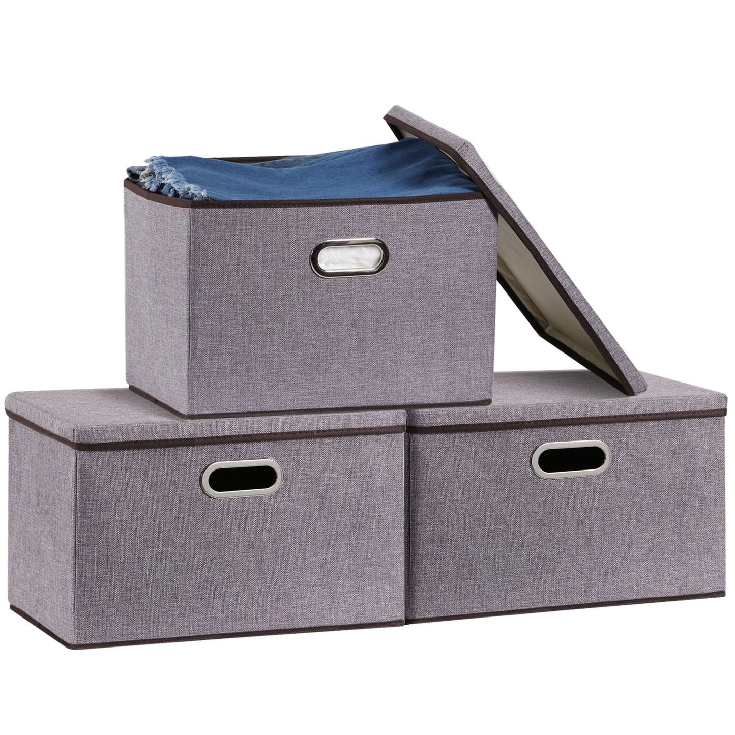 Large folding storage box set in grey, made from cotton linen and non-woven fabric