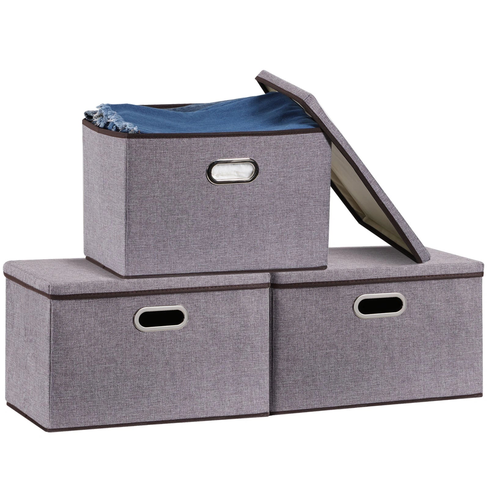 Large folding storage box set in grey, made from cotton linen and non-woven fabric
