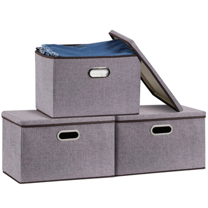Large folding storage box set in grey, made from cotton linen and non-woven fabric