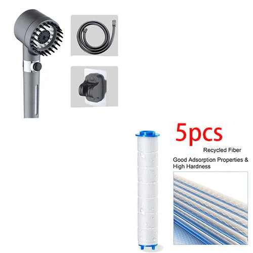 Premium multi-function shower head with rainfall and massage modes, made of durable ABS material and featuring a built-in water filter.