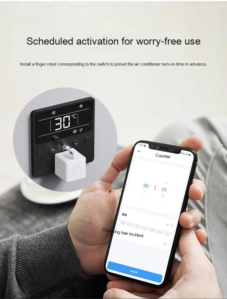 White intelligent Bluetooth finger robot, 34.5x34.5x46.5mm, 36g, Type-C rechargeable, 10N thrust, 12mm movement