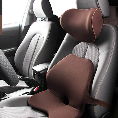 Black memory cotton car seat cushion with lumbar support and integrated headrest on a car seat.