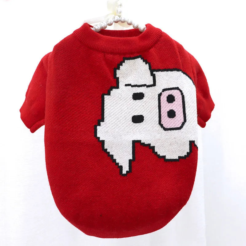 Cartoon aerobull design dog sweater with button front closure in wool-blend fabric